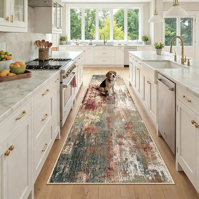 Washable Area Rugs 3x9 Non-Slip Modern Abstract Soft for Living Room Entryway Bedroom Nursery, Print Pattern, Brown Rust Red Green Blue Multi