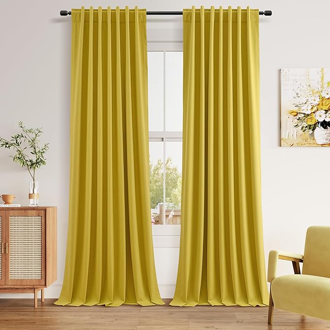 Guken Celery Yellow 100% Blackout Linen Curtains 102 Inch Length 2 Panels Set for Living Room Bedroom Back Tab Rod Pocket Thermal Insulated Black Out Drapes Room Darkening,52x102
