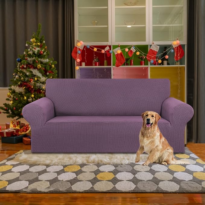 KEKUOU Stretch Loveseat Sofa Cover Slipcover,Couch Covers for 2 Cushion Couch Sofa (55"-78") Furniture Protector Sofa with Elastic Bottom for Kids,Dog. Jacquard Small Checked (Medium,Dark Purple)