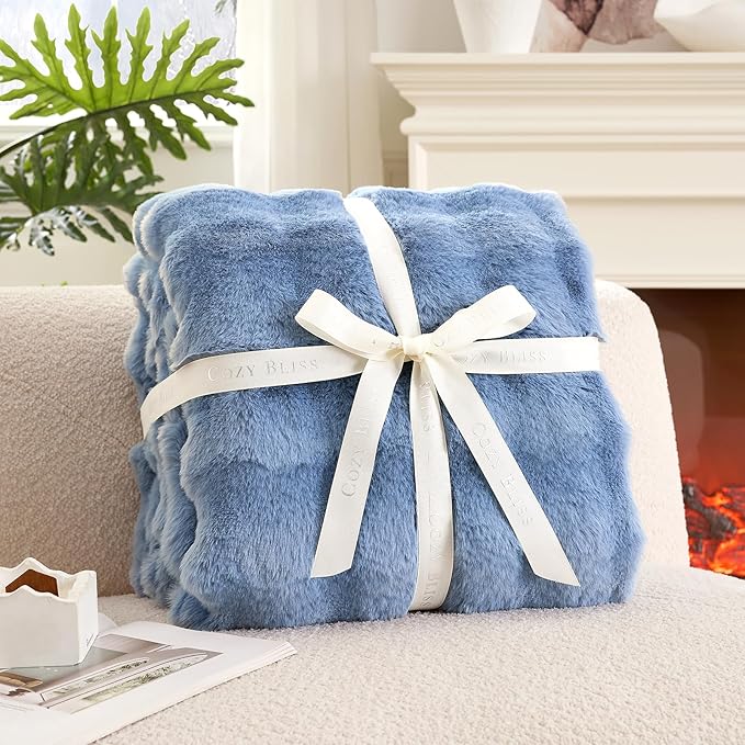 Cozy Bliss Faux Fur Bubble Throw Blanket for Couch, Fuzzy Soft Plush Thick Blanket for Sofa Bed Gift, 50x60 Inches Misty Blue