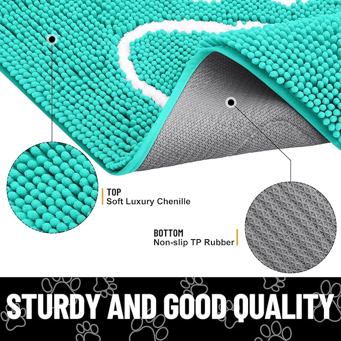 Smiry Dog Door Mat for Muddy Paws, Absorbent Dirt Trapper Non Slip Quick Dry Washable Chenille Mat for Mud Dogs, Entry Rug for Indoor and Outdoor (24x16 Inches, Turquoise and White)
