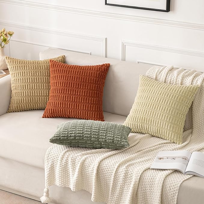MIULEE Pack of 2 Corduroy Decorative Throw Pillow Covers 18x18 Inch Soft Boho Striped Pillow Covers Modern Farmhouse Home Decor for Summer Sofa Living Room Couch Bed Light Olive Green