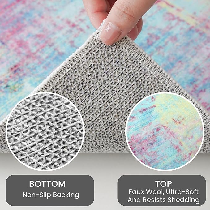 IOHOUZE Abstract Runner Rug 2x10 Ft Washable Runners for Hallways, Non Slip Kitchen Runner Printed Faux Wool Entryway Runner Indoor, Modern Abstract Floor Carpet for Hall Kitchen, Pink Teal