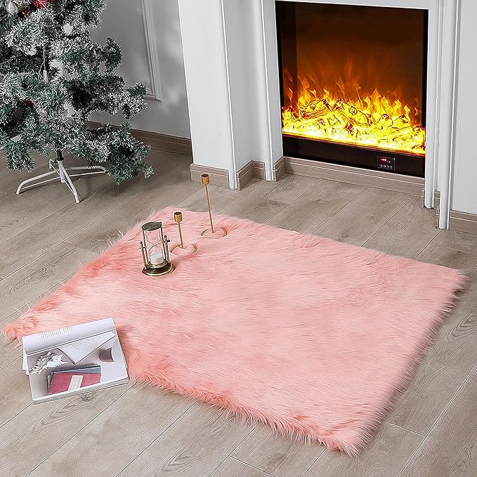 linmopm Faux Fur Rug Sheepskin Shag Fluffy Fuzzy Pink 3x4 ft Rugs for Bedroom Bedside Bed Floor Living Room Plush Rectangle High-Density Cushion Carpet Super Sofa Cover