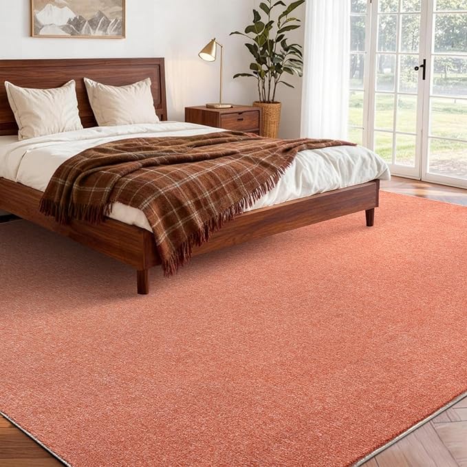 FinRèc 5x7 Washable Area Rugs for Bedroom Living Room, Low Pile Thin Rug Solid Color, Non-Slip Carpet Indoor for Home Decor (Orange)