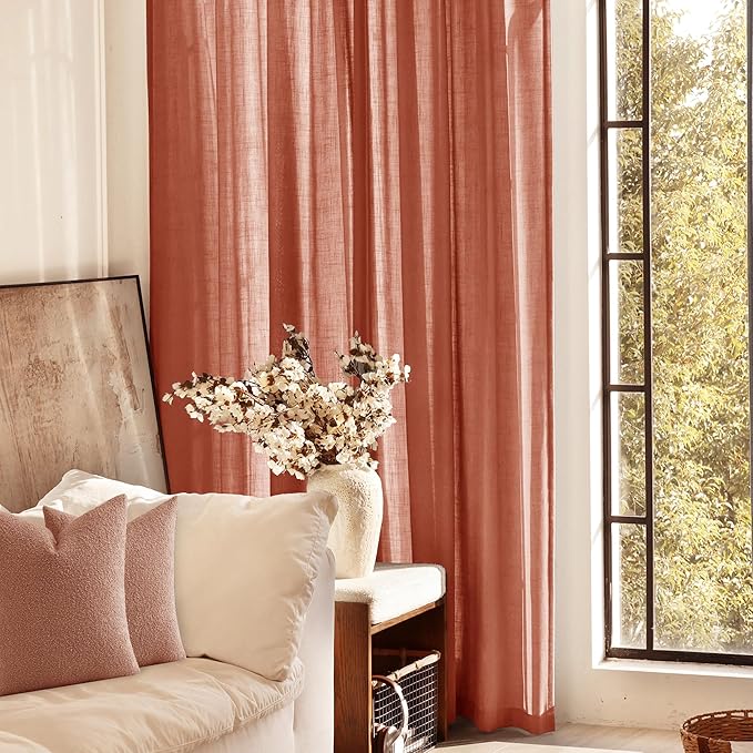 100 inch Linen Terracotta Curtains 2 Panels for Living Room Back Tab Light Filtering Semi Sheer Rust Colored Curtains 100 inches Long Soft Thick Cotton Cloth Textured Rustic Boho Farmhouse Room Decor