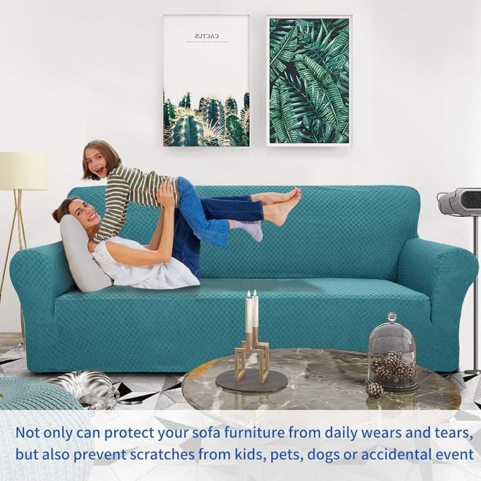 ZNSAYOTX 1 Piece Jacquard Couch Covers for 3 Cushion Couch Living Room High Stretch Sofa Cover Pets Dogs Friendly Anti Slip Thickened Slipcovers Furniture Protector (Sofa, Peacock Blue)