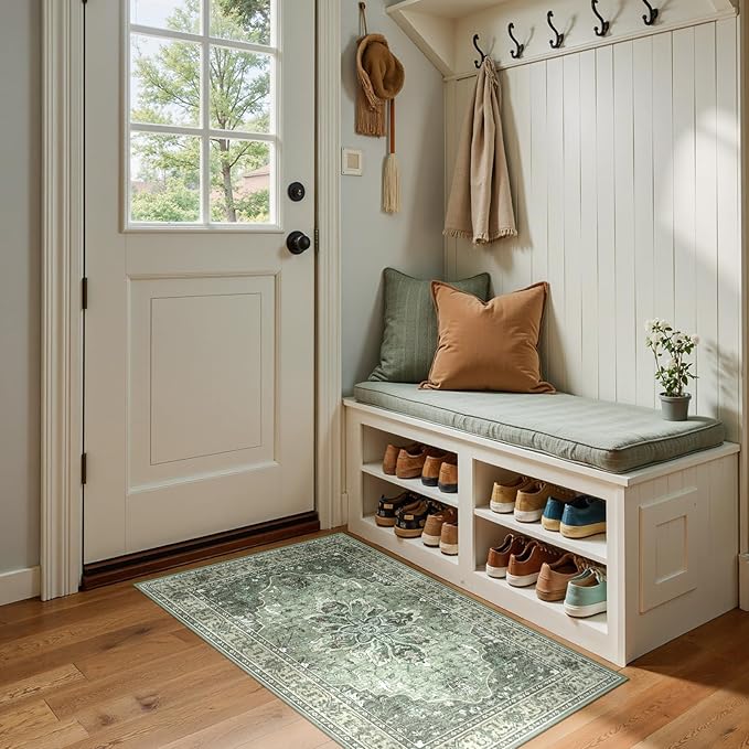 Area Rugs 2'x4' Kitchen Rugs Entry Rug Small Rugs for Entryway Kitchen Bathroom Door Mat Indoor Entrance,Washable Non Slip, Dark Green Gray