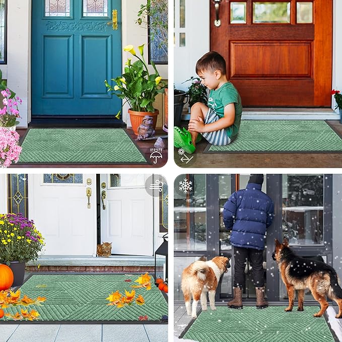 Smiry Front Door Mat Outside Entrance, Heavy Duty Sturdy Natural Rubber Doormat, Trap Dirt and Moisture, Easy Clean Low Profile Welcome Floor Mats for Indoor Outdoor Entry, 35X23 Inch, Mint Green