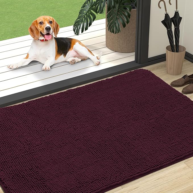 OLANLY Dog Door Mat for Muddy Paws 47x32, Absorbs Moisture and Dirt, Absorbent Non-Slip Washable Doormat, Quick Dry Chenille Mud Mat for Dogs, Entry Indoor Entryway Carpet for Inside Floor, Russet