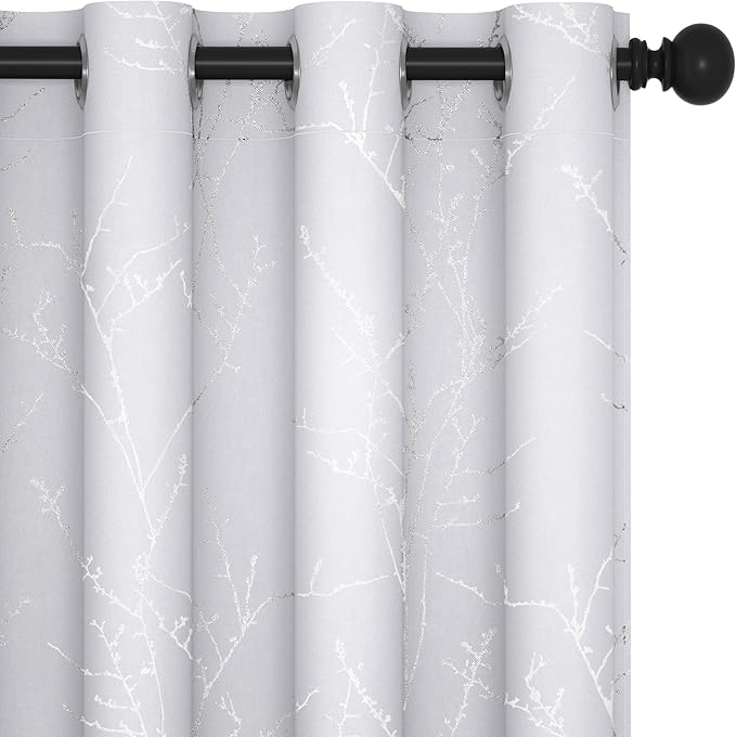 Deconovo Greyish White Curtains, Room Darkening Curtain, Thermal Insulated Soundproof Drapes, Silver Branch Print, 52 x 84 Inch Long, Grommet Window Panels for Living Room Bedroom Patio Door, Set of 2