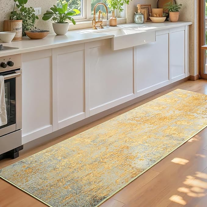 Runner Rug for Kitchen Hallways Runner Rug Non Slip 2'6''x8' Washable Long Runner Rugs with Rubber Backing Soft Abstract Carpet Runner for Entryway, Kitchen, Bedroom, Bathroom (Orange, Silver & Gray)