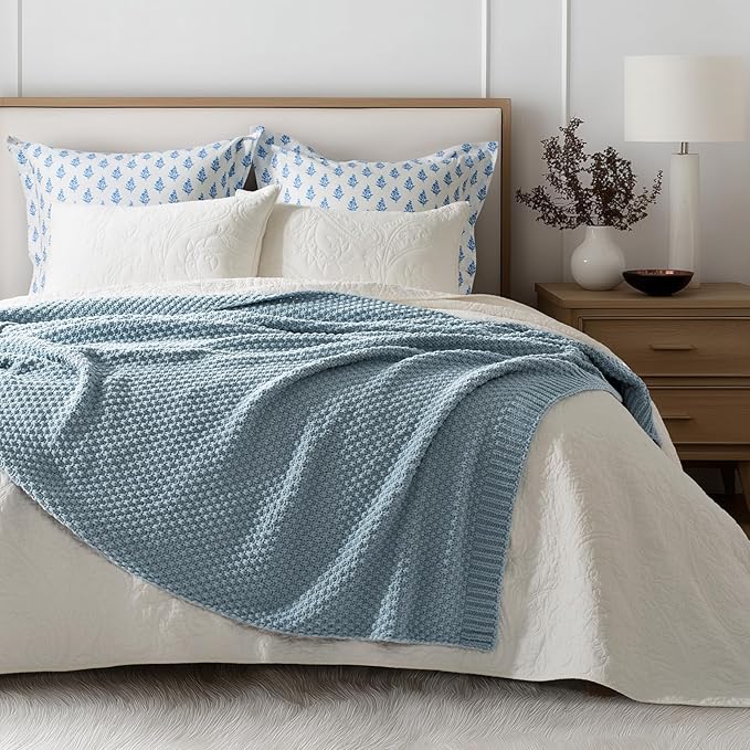 EVERGRACEHOME Chunky Chenille Knit Throw Blanket for Couch, Soft Luxurious Moss Stitch Blankets for Bed, Cozy Decorative Farmhouse Knitted Throws for Sofa, Chambray Blue, 60" x 80"