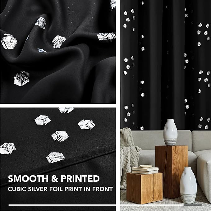 Deconovo Designer Series Silvery Cubic Printed Blackout Curtains for Bedroom Living Room Sliding Door, Thermal Insulated Soundproof Window Drapes, Black, 52W x 95L Inch, 2 Panels