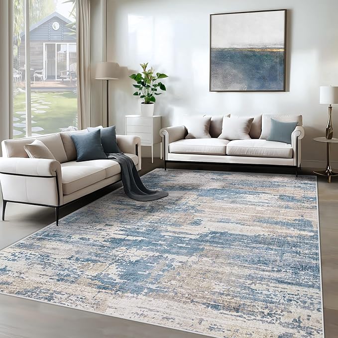 6x9 Area Rugs for Living Room, Washable Modern Abstract Large Area Rug Neutral Soft Non Slip Kids Rug Stain Resistant Indoor Carpet for Bedroom Nursery Dining Room Playroom(BlueBeige, 6'x9')