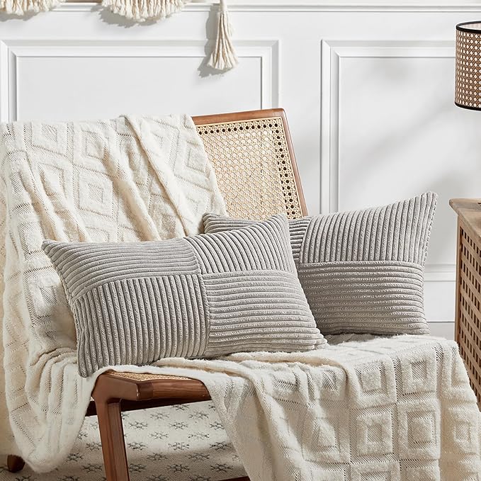 Fancy Homi 2 Packs Neutral Grey Lumbar Decorative Throw Pillow Covers 16x28 Inch for Living Room Couch Bed Sofa, Farmhouse Home Decor, Soft Striped Corduroy Rectangle Accent Cushion Case 40x70 cm