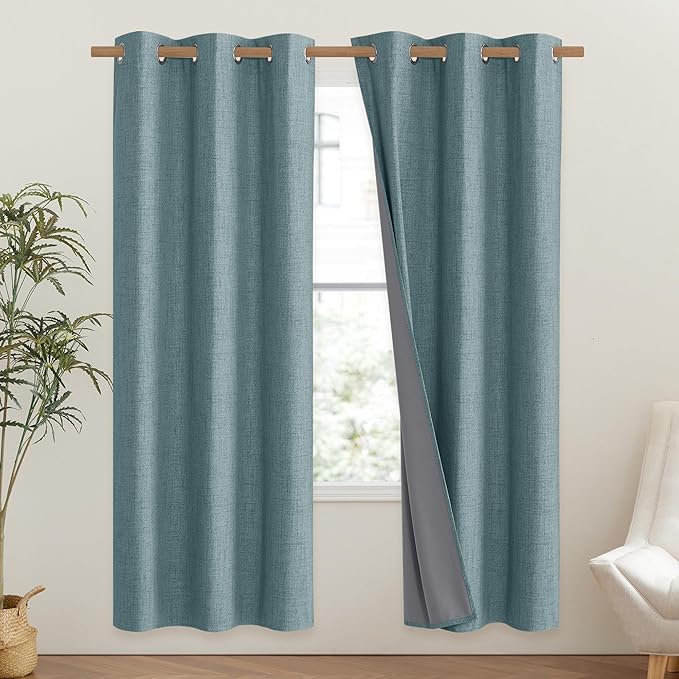 NICETOWN 100% Absolutely Blackout Linen Curtains with Thermal Insulated Liner, Skylark Blue, 42" Wide, 72" Length Energy Saving Curtains for Classroom 2 Panels Set, Vertical Blinds