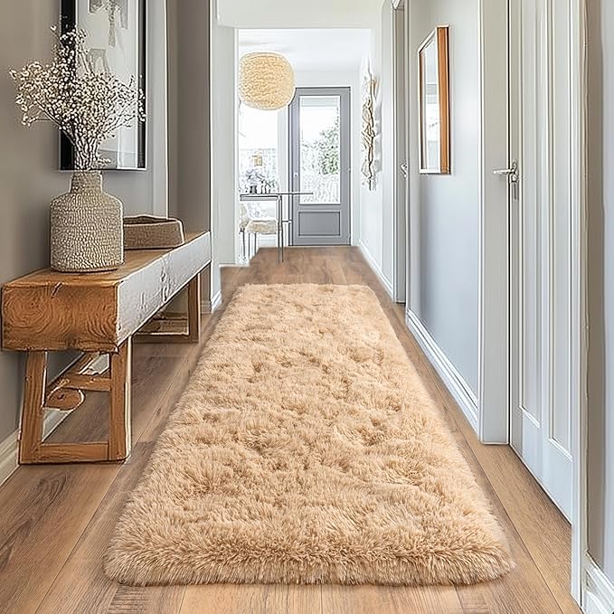 Pionblank Fluffy Runner Rugs for Bedroom 2x6, Modern Shaggy Area Rug for Hallway Living Room, Plush Soft Fuzzy Bedside Carpet for Kids Girls Boys Room Nursery Decor, Camel