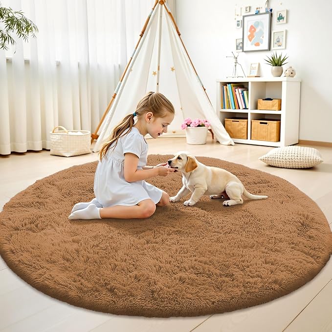 OLANLY Khaki Round Rugs for Bedroom - Machine Washable, 8 ft Circle Area Rugs for Living Room, Soft and Fluffy Shaggy Carpet for Teen Girl and Boys, Nursery Rooms, Dorms, Home Decor Aesthetic