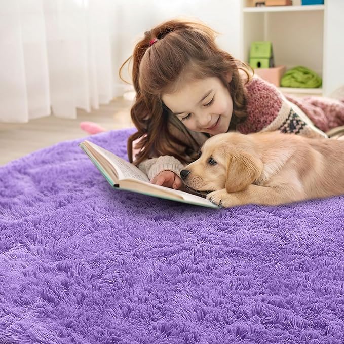 OLANLY Purple Round Rugs for Bedroom - Machine Washable, 5 ft Circle Area Rugs for Living Room, Soft and Fluffy Shaggy Carpet for Teen Girls and Boys, Nursery Rooms, Dorms, Home Decor Aesthetic