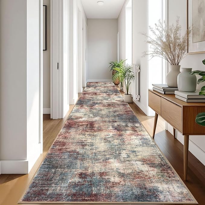 IOHOUZE Abstract Runner Rug 3x18 Ft Washable Runners for Hallways, Non Slip Kitchen Runner Printed Faux Wool Entryway Runner Indoor, Modern Abstract Floor Carpet for Hall Stair, Red/Multi
