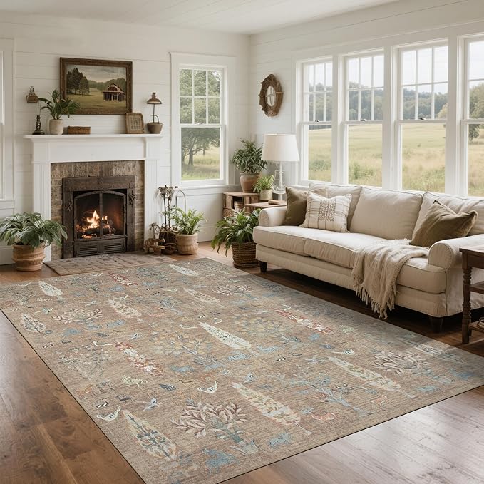Washable Rugs 8x10 Area Rugs for Living Room,Bedroom,Dining Room-Large Ultra Soft Faux Wool Retro Carpet,Non Slip&Non-Shedding Low Pile Vintage Print Rug for Home Office Dorm Playroom-Terracotta