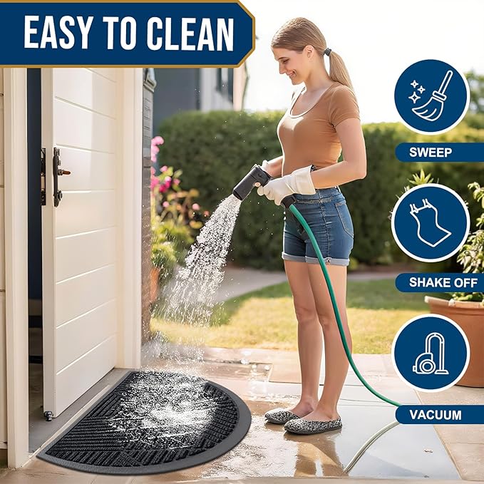Smiry Half Circle Front Door Mat Outside Entrance, Heavy Duty Sturdy Natural Rubber Doormat, Trap Dirt and Moisture, Low Profile Mats for Indoor Outdoor Entry, Irregular Triangle (29.5x17, Black)