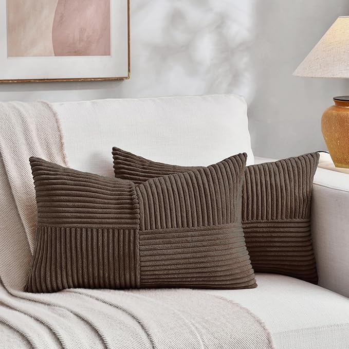 Fancy Homi 2 Packs Dark Brown Lumbar Decorative Throw Pillow Covers 16x28 Inch for Living Room Couch Bed, Rustic Farmhouse Boho Home Decor, Soft Striped Corduroy Rectangle Accent Cushion Case 40x70 cm