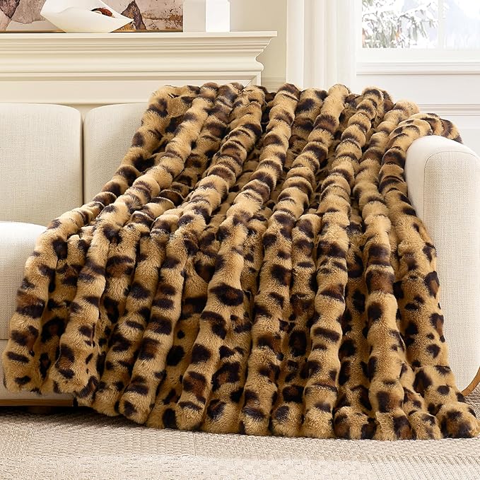 Cozy Bliss Cheetah Leopard Print Faux Fur Throw for Couch, Fuzzy Soft Plush Thick Bubble Blanket for Sofa Bedroom Living Room, 50x60 Inches Brown