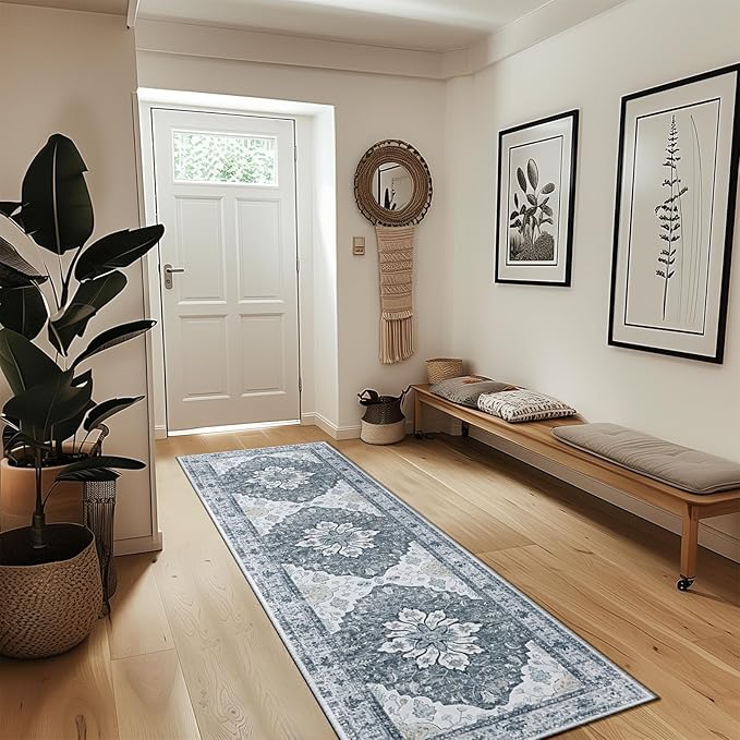 RELEANY Area Rugs 2'x8' Runner Rug Non Slip Washable for Kitchen Hallway Bedroom Beside Laundry Room Bathroom Rug, Floor Carpet, Light Gray Grey White