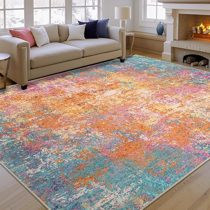 Washable Area Rugs 8'x10' Non-Slip Modern Abstract Soft for Living Room Entryway Bedroom Nursery, Print Pattern, Orange Blue Pink Yellow Colorful