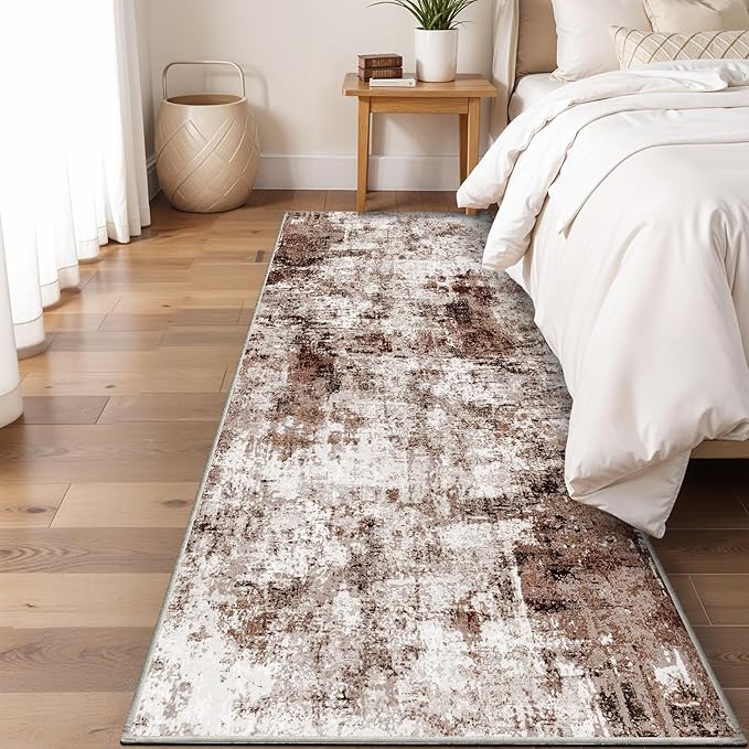 3x10 Washable Runner Rugs for Hallway: Easy-to-Clean Abstract Runners for Entryway Bedroom - Stain and Water Resistant Rugs with Non-Slip Backing - Soft Low-Pile Carpet Brown Khaki White