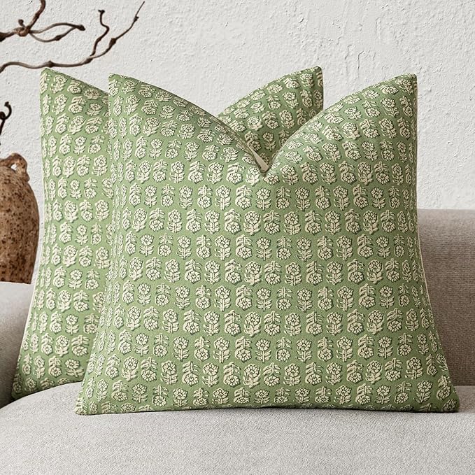 Foindtower Set of 2 Decorative Vintage Floral Print Throw Pillow Covers Neutral Modern Farmhouse Cushion Covers Boho Home Decor for Sofa Chair Couch Bedroom Living Room Outdoor,18×18 Inch,Lime Green