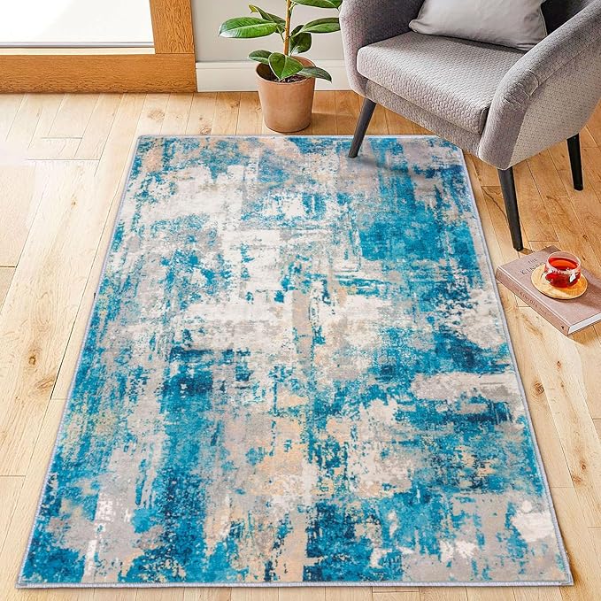 KOZYFLY Modern Abstract 3x5 Area Rug Washable Bedroom Rug Throw Entry Mat Non-Slip Stain Resistant Carpet Dining Room Rug with Soft Low Pile for Living Room Kitchen Office, Turquoise/Beige/Grey/Yellow