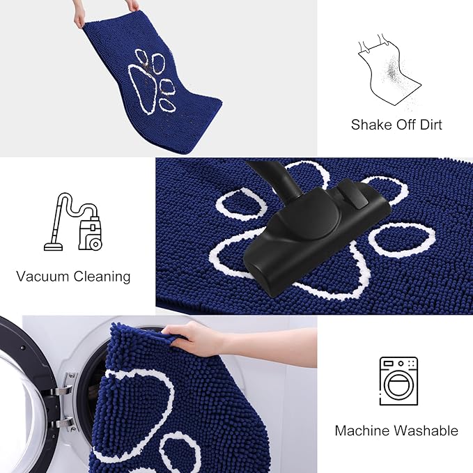 Smiry Dog Door Mat for Muddy Paws, Absorbent Dirt Trapper Non Slip Quick Dry Washable Chenille Mat for Mud Dogs, Entry Rug for Indoor and Outdoor (24x16 Inches, Navy Blue and White)