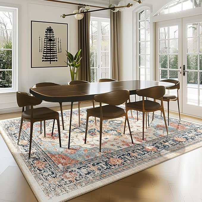 Area Rugs 7'x9' Washable Non-Slip, Floral Vintage Distress Print Pattern Medallion Carpet for Living Room Bedroom Dining Room, Beige Navy Blue Orange Colorful