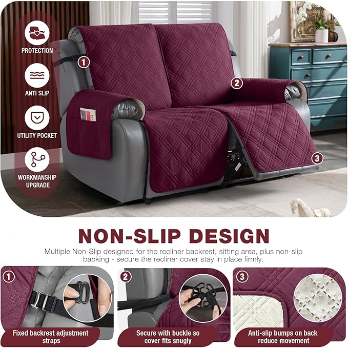 TAOCOCO 100% Waterproof Recliner Loveseat Cover Non Slip Couch Cover for 2 Seat Reclining Sofa, Split Reclining Loveseat Covers 2-Piece with Straps for Kids Pets(2 Seater, Wine)
