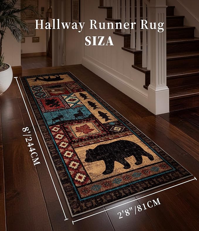 Rustic Cabin Hallway Runner Rug 2'8"x8' - Bear Washable Rug, Non-Slip Low Pile Soft Farmhouse Carpet, Southwestern Wildlife Print Floor Runner Rugs for Kitchen, Entryway, Laundry, Bedroom