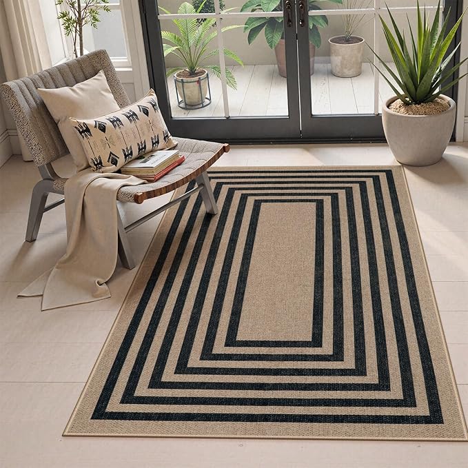 Lahome Enfys Modern Geometric Easy Jute Outdoor Rug, 3x5 Black Washable Kitchen Rugs for Bedroom Thin Non Slip Indoor Door Mat, Non Slip Farmhouse Carpet for Office Patio