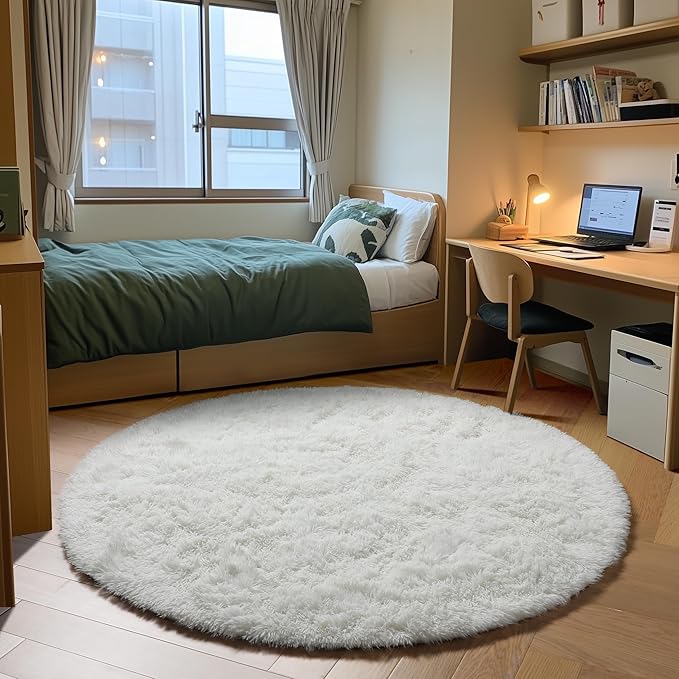 ONASAR Cream White Round Area Rug 4ft, Fluffy Ultra Soft Bedroom Circle Rugs Floor Mat for Kids Girls Boys Teen Room, Fuzzy Plush Shaggy Carpet for Nursery Living Room Playroom Dorm Home Decor