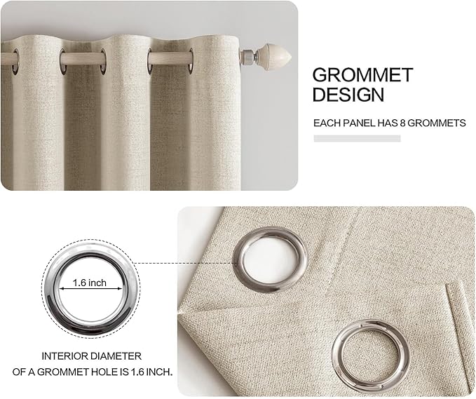MIULEE 100% Blackout Linen Curtains for Bedroom Thermal Insulated Stone Grommet Room Darkening Curtains & Drapes Fall Decor for Living Room Nursery 52 x 96 Inch (2 Panels)