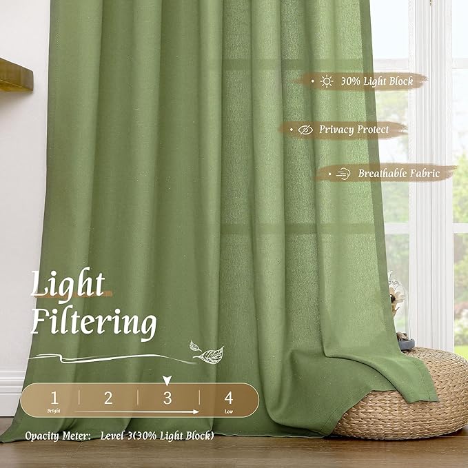 LAMIT 54 Inch Linen Curtains 2 Panels, Soft Faux Linen Light Filtering Panels Rod Pocket Farmhouse Privacy Drapes for Small Window/Loft Room, 42 x 54 Inch, Green