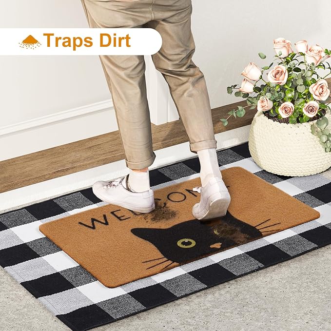 UINI Door Mat Combo Set, 28" x 43" Plaid Mat +17" x 30" Black Cat with Green Eyes Doormat, 2 PCS Welcome Mat Set for Front Door, Entrance, Porch Decor, Non-Slip