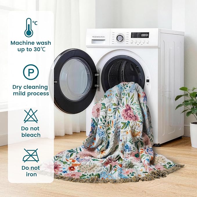 MSGKV Boho Throw Blanket 60"x80" Bed Floral 100% Cotton Blanket Spring Breathable Lightweight Farmhouse Twin Size Couch Blankets Home Decor Muslin Guaze All Seasons