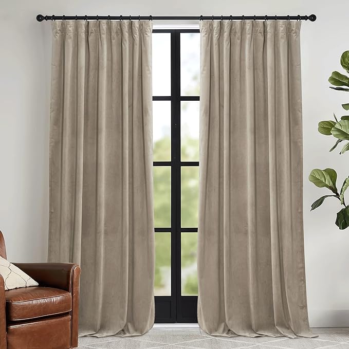 RYB HOME Velvet Curtains 120 inches Long - Smooth Durable Earth Tone Drapes Extra Long Room Darkening Privacy Window Treatment for Living Room, Camel Beige, W52 x L120 inches, Set of 2