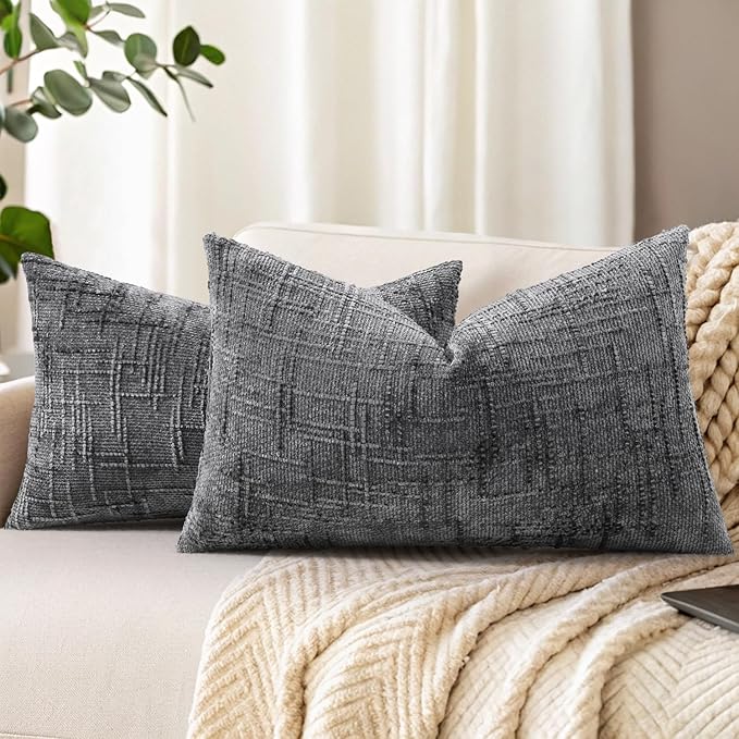decorUhome Dark Grey Chenille Throw Pillow Covers 12x20 Set of 2 Textured Soft Cozy Slubby Couch Pillow Covers Modern Farmhouse Boho Decorative Pillow Cases for Bed Sofa Living Room