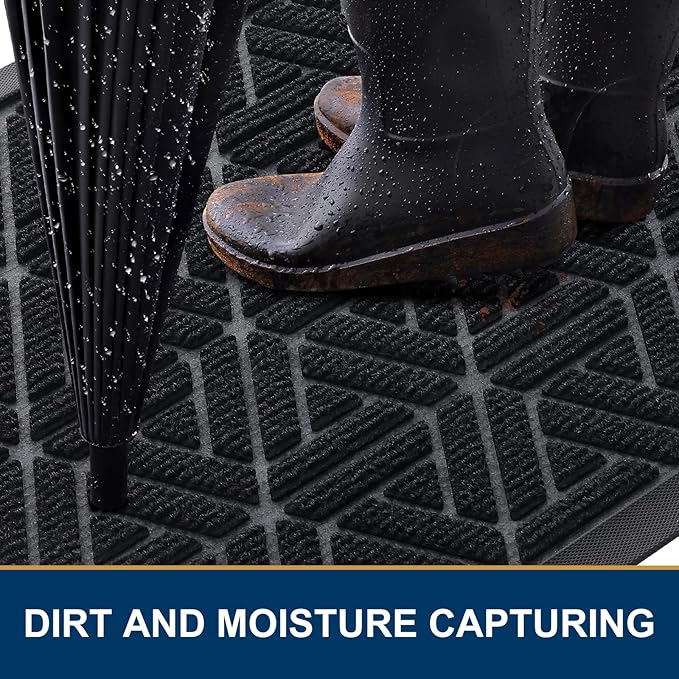Smiry Front Door Mat Outside Entrance, Heavy Duty Sturdy Natural Rubber Doormat, Trap Dirt and Moisture, Easy Clean Low Profile Mats for Indoor Outdoor Entry, Grid Geometric (59x23, Black)
