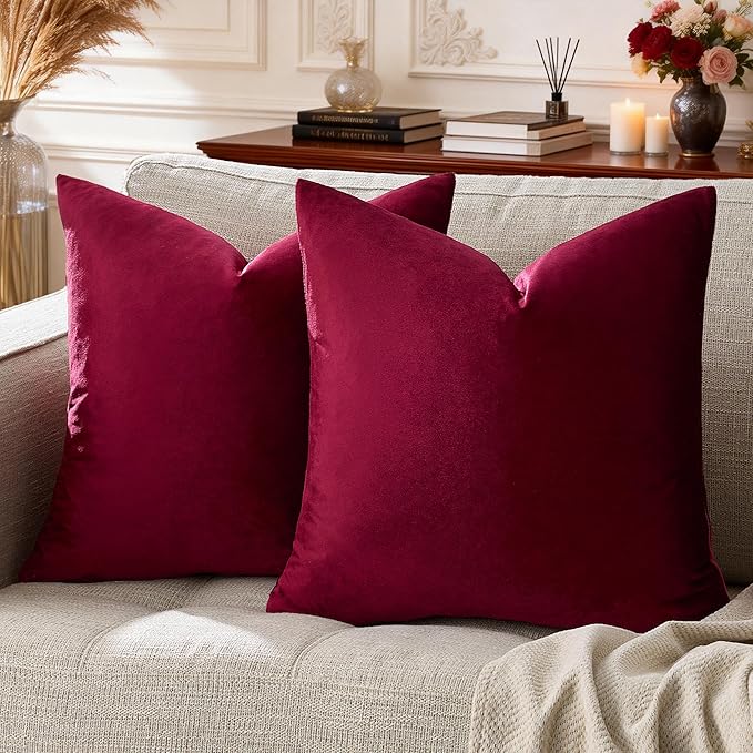 GIGIZAZA Burgundy Pillow Covers 22x22: Pack of 2 Throw Pillows Soft Solid Covers - Velvet Decorative Couch Big Cushion Covers Used for Chrismas Room Decor,Living Room,Bedroom,Sofa