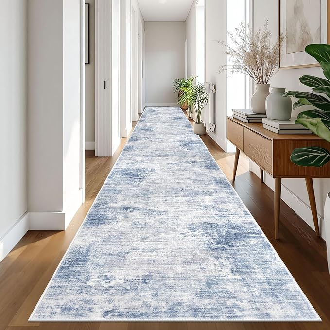 IOHOUZE Abstract Runner Rug 3x20 Ft Extra Long Washable Runners for Hallways, Non Slip Kitchen Runner Printed Faux Wool Entryway Runner Indoor, Modern Floor Carpet for Hall Stair, Light Blue Grey