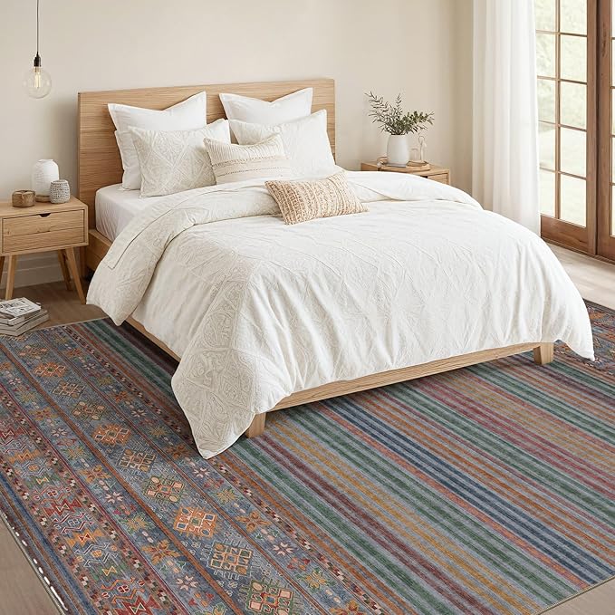 Nakagishi 8X10 Area Rugs Living Room: Washable Large Vintage Rug Neutral Non-Slip Soft Stain Resistant Indoor Carpet for Bedroom Nursery Dining Room Office Playroom - Multi Color
